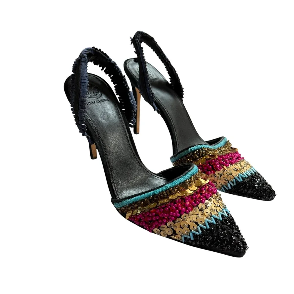 Tory Burch Beaded Sequin Slingback Pumps Black Multi Color Pointed Toe Heels 9M